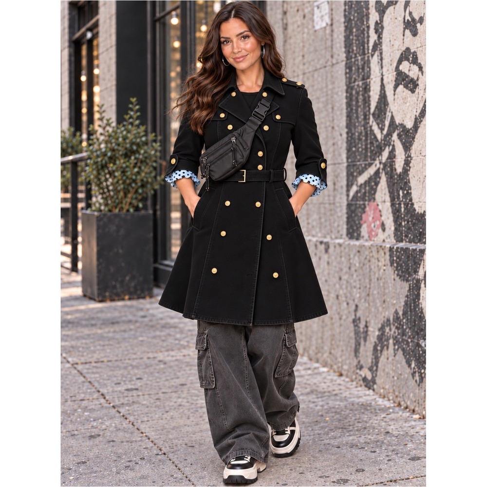 Authentic Y2K Juicy Couture Black Military Trench Coat Gold Buttons Size L